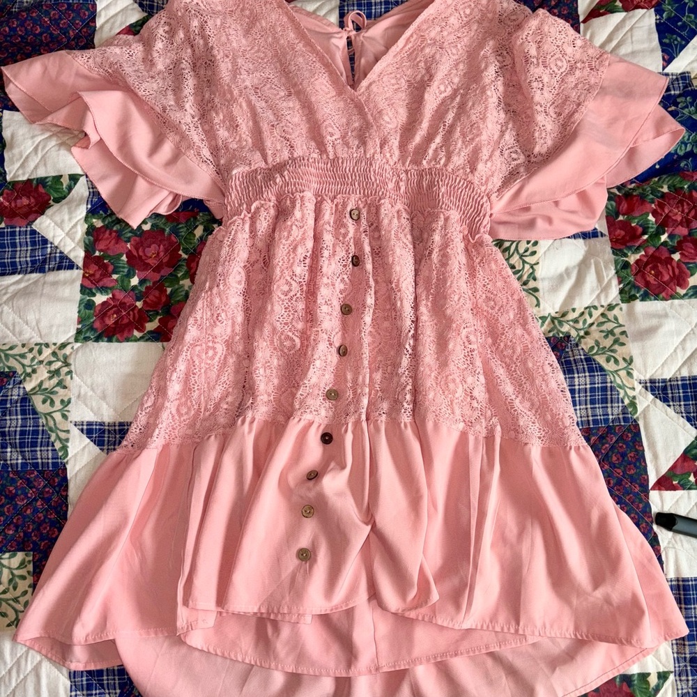Pink Lace Dress With Button-Down Details
